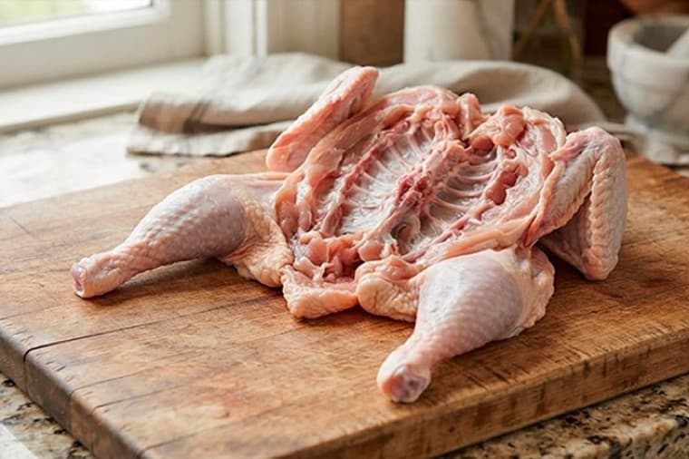 Pollo entero abierto tipo mariposa sobre una tabla de madera