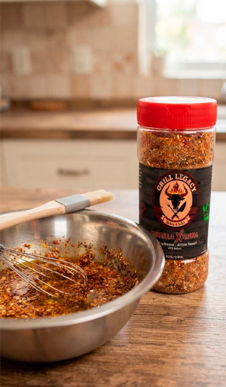 Aceite y Rub Parrilla Xtrema mezclados en un bol junto al frasco del producto