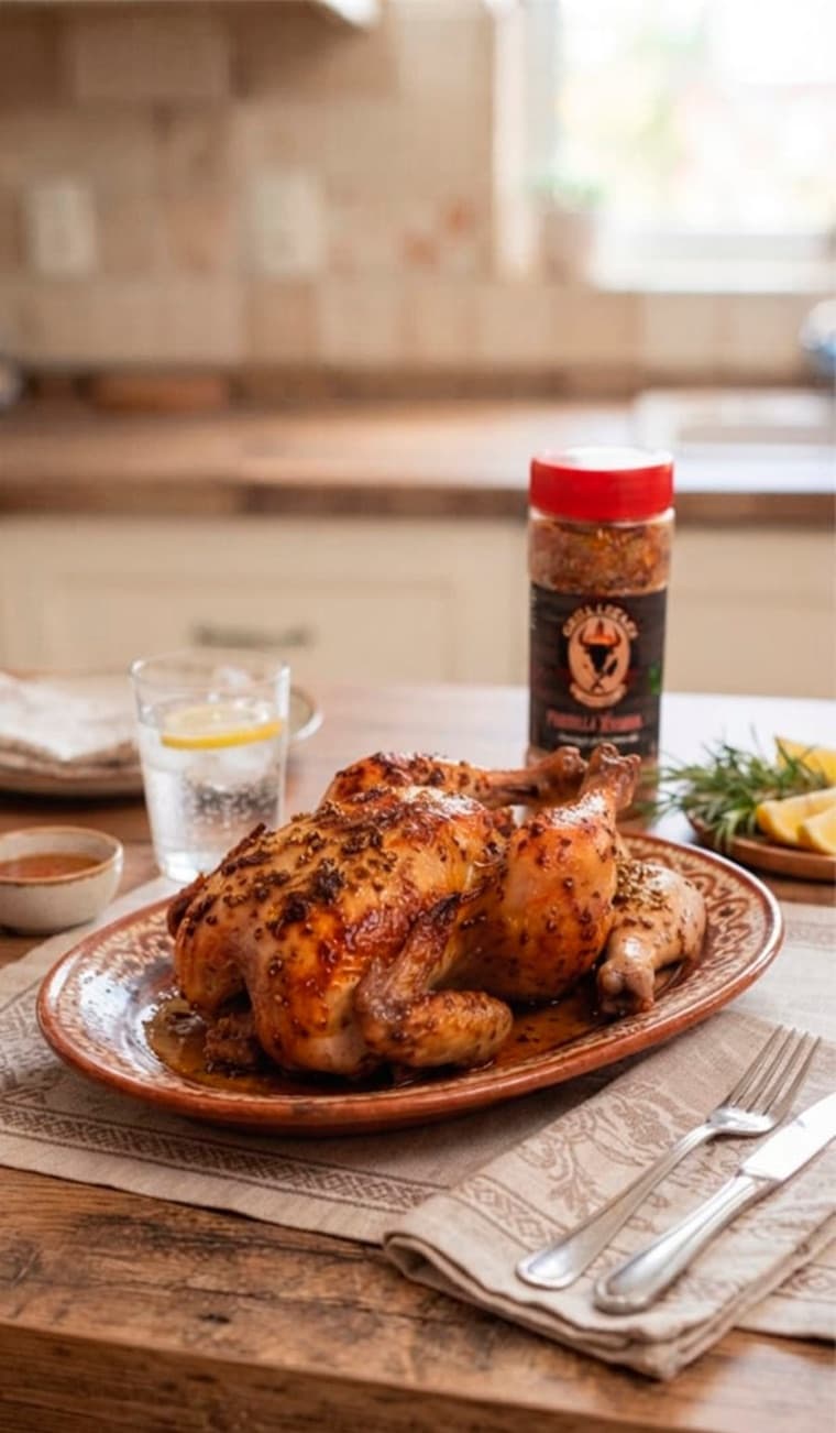 Pollo entero al horno sazonado con Rub Parrilla Xtrema, servido en una fuente