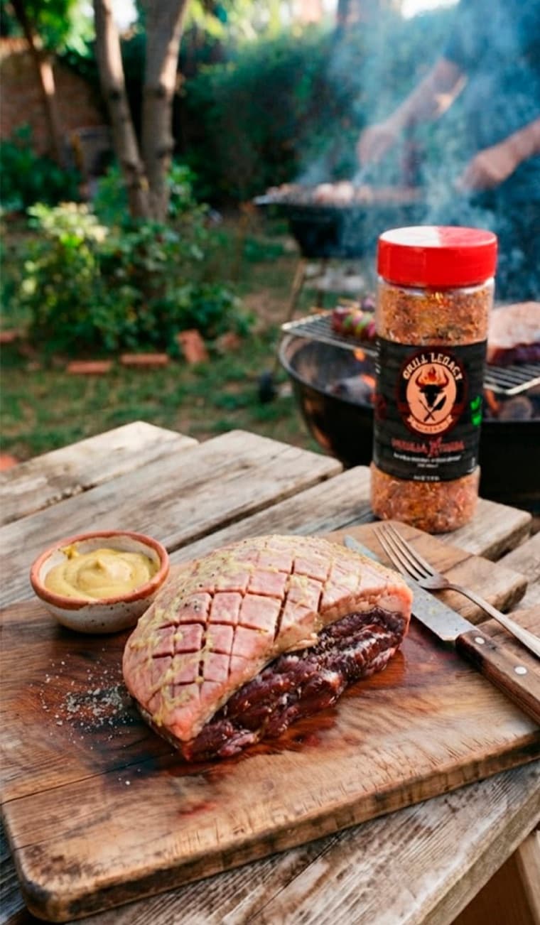 Picanha cruda con cortes cruzados en la grasa y mostaza como binder