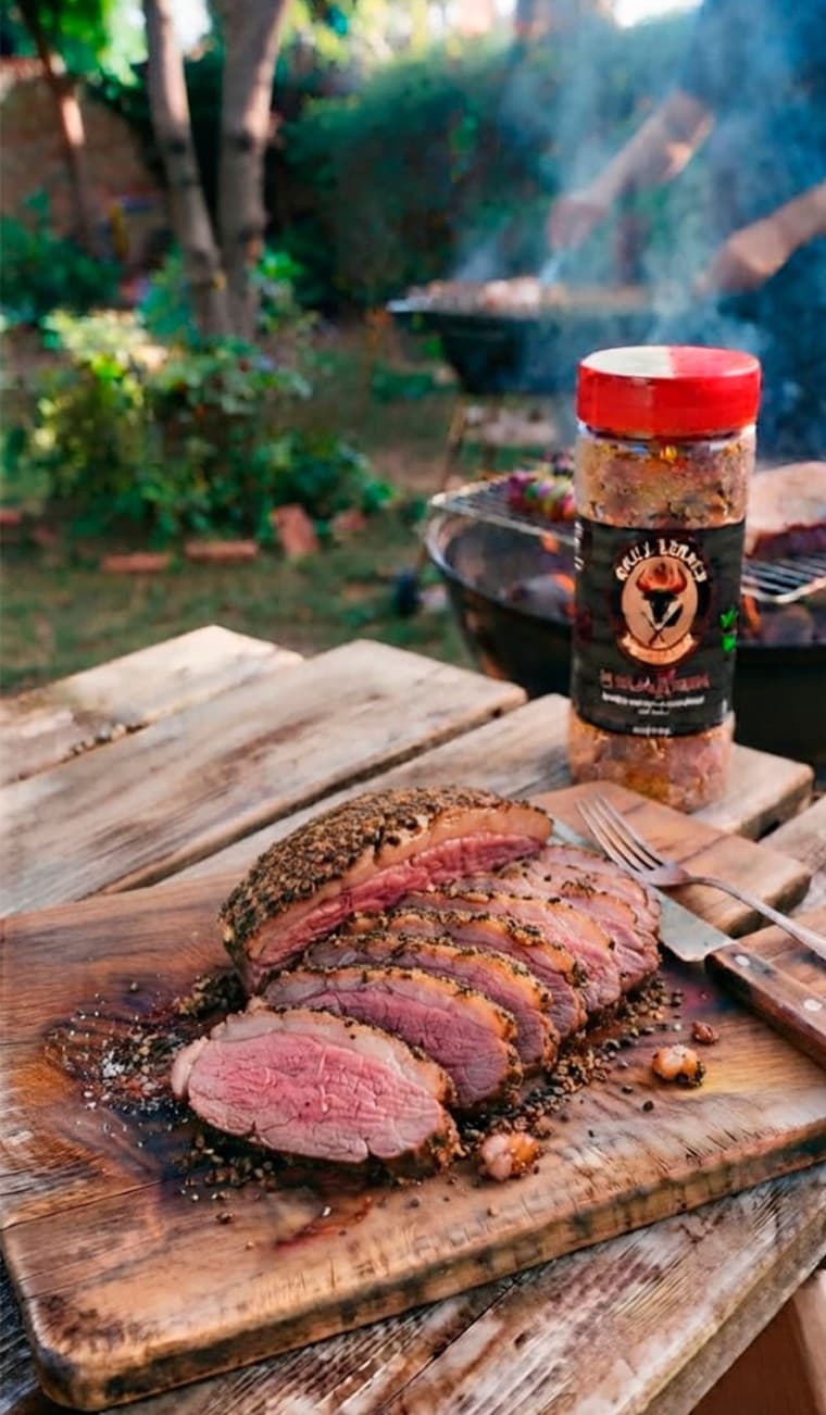 Picanha cocida a las brasas y cortada en finos filetes sobre una tabla de madera